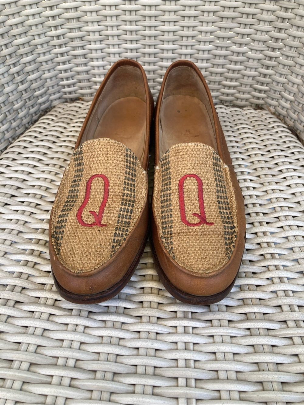 Raffia & Brown Leather Loafers with Red Monogram Accent - Women's Flats Sz 9 US